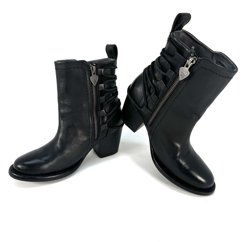 Mark Nason Yuma Flora Ankle Biker Back Laced Heeled Boots Black Leather Women 6